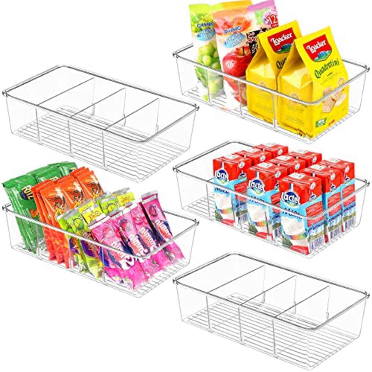 ZIZOTI 5 Pack Food Storage Organizer Bins Clear Plastic Removable Pantry  Organization Racks with 3 Dividers, Kitchen, Cabinets Snacks, Packets,  Spices, Pouches Stackable Bins